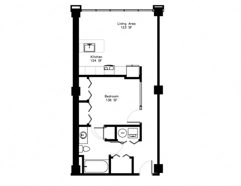 Floor plan for 1 bed, 1 bath, 709 sqft