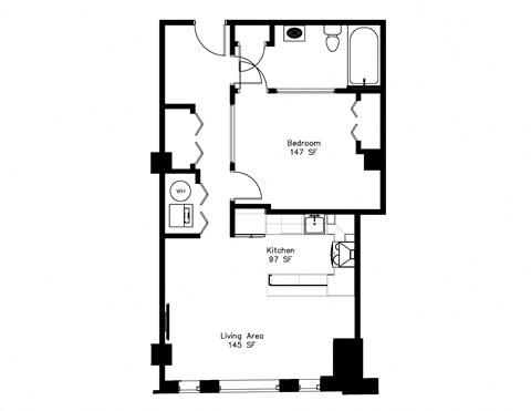 Floor plan for 1 bed, 1 bath, 713 sqft