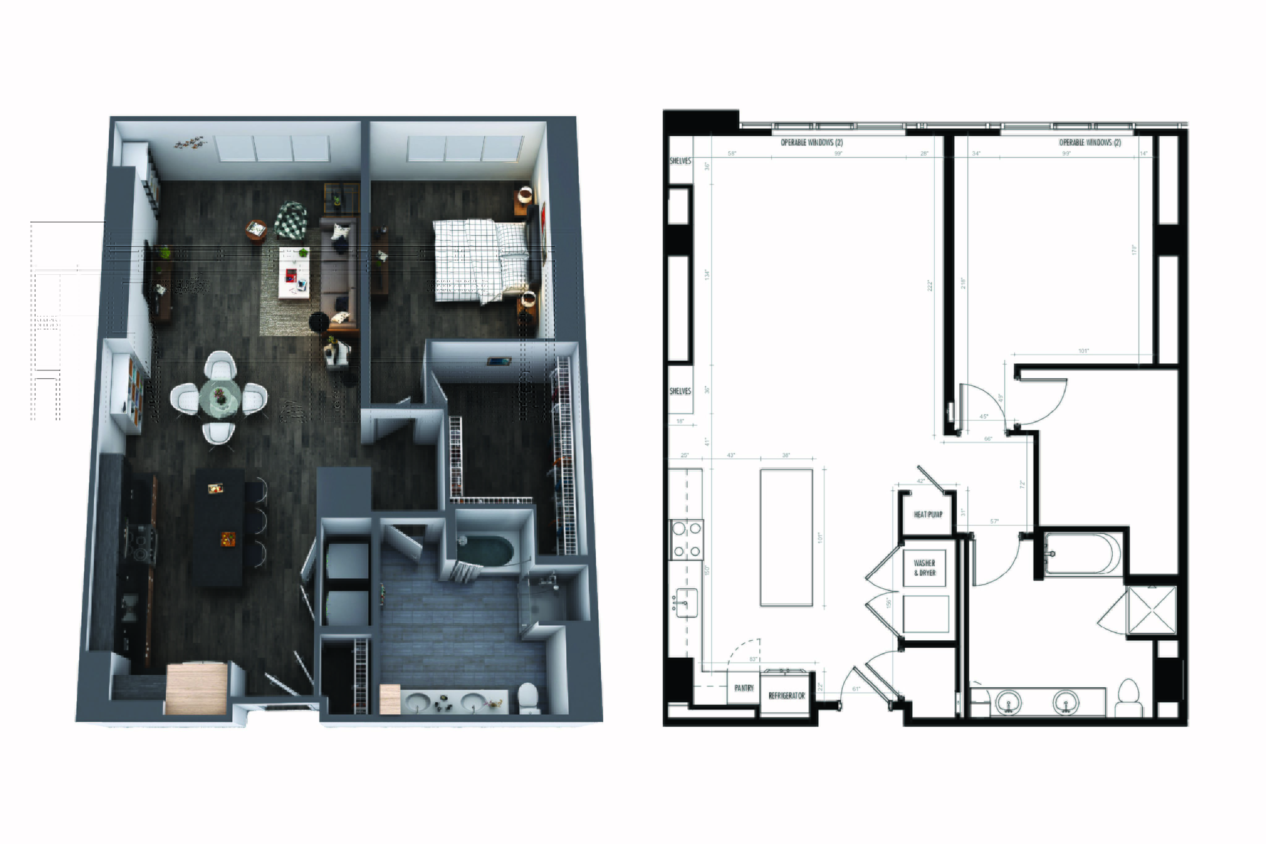 Floor plan for 1 bed, 1 bath, 885 sqft