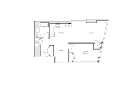 Floor plan for 1 bed, 1.5 baths, 863 sqft