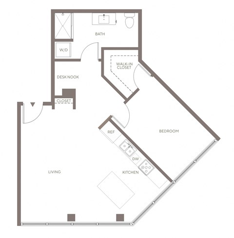Floor plan for 1 bed, 1 bath, 752 sqft