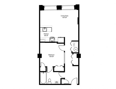 Floor plan for 1 bed, 1 bath, 714 sqft