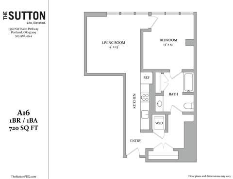 Floor plan for 1 bed, 1 bath, 720 sqft