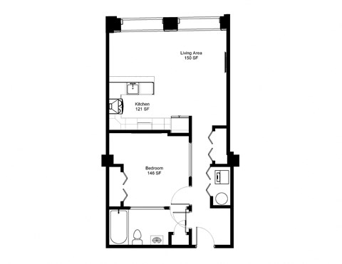 Floor plan for 1 bed, 1 bath, 715 sqft