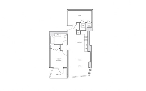 Floor plan for 1 bed, 1.5 baths, 889 sqft