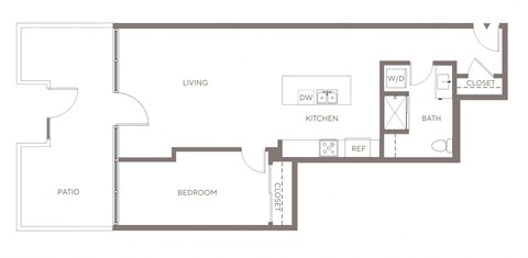 Floor plan for 1 bed, 1 bath, 888 sqft
