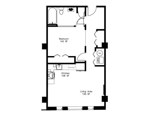 Floor plan for 1 bed, 1 bath, 716 sqft