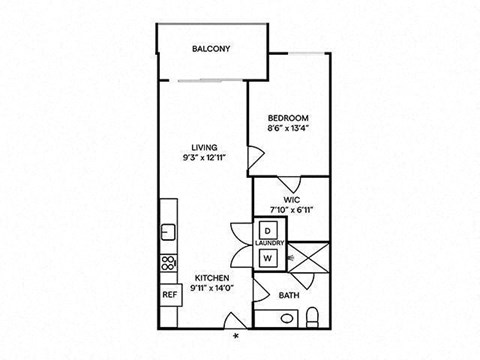 Floor plan for 1 bed, 1 bath, 1500 sqft