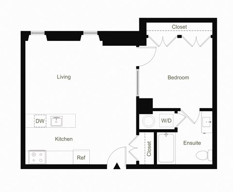 Floor plan for 1 bed, 1 bath, 579 sqft