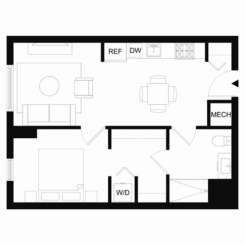 Floor plan for 1 bed, 1 bath, 634 sqft