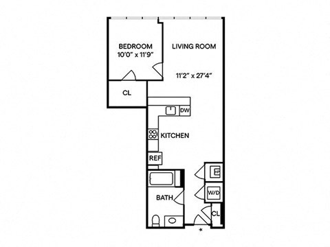 Floor plan for 1 bed, 1 bath, 746 sqft