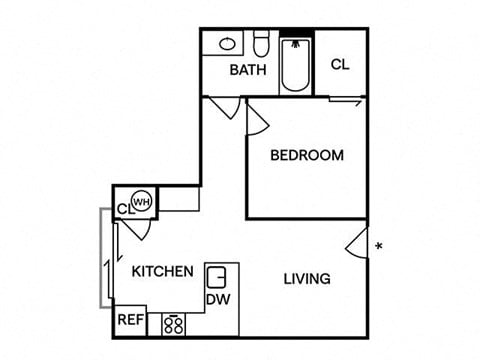 Floor plan for 1 bed, 1 bath, 491 sqft