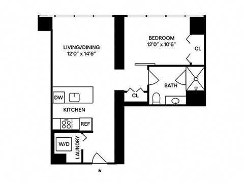 Floor plan for 1 bed, 1 bath, 710 sqft