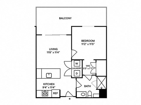 Floor plan for 1 bed, 1 bath, 573 sqft