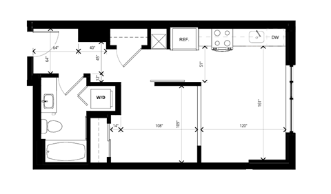 Floor plan for 1 bed, 1 bath, 503 sqft