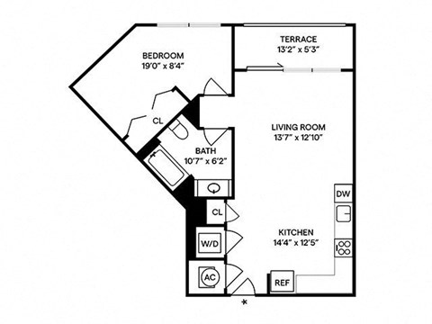 Floor plan for 1 bed, 1 bath, 704 sqft