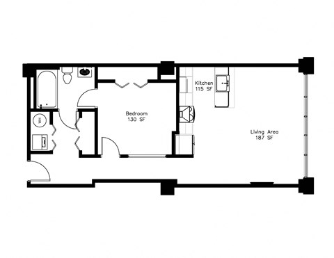Floor plan for 1 bed, 1 bath, 725 sqft