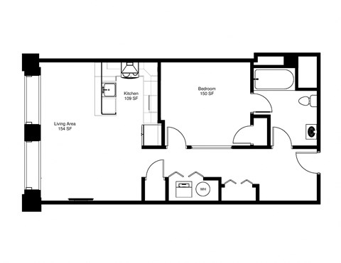 Floor plan for 1 bed, 1 bath, 741 sqft