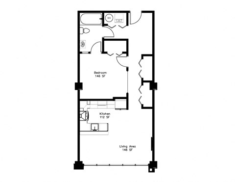 Floor plan for 1 bed, 1 bath, 755 sqft