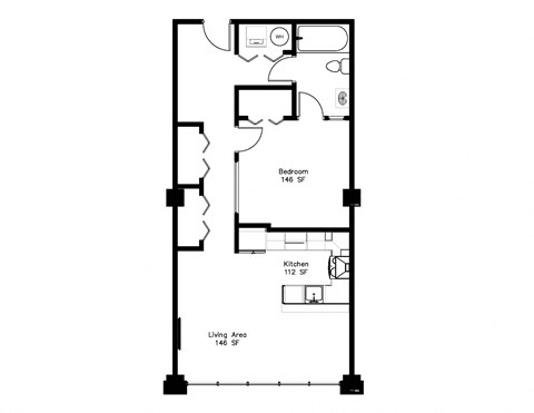 Floor plan for 1 bed, 1 bath, 762 sqft
