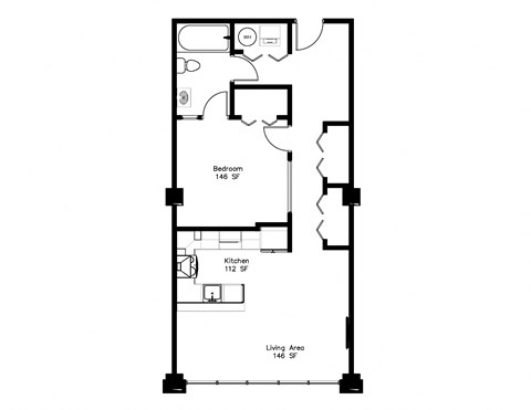 Floor plan for 1 bed, 1 bath, 763 sqft
