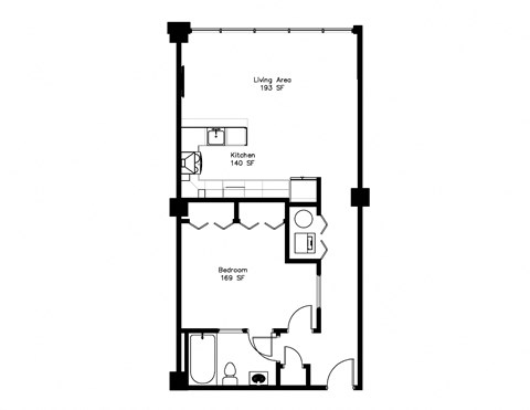 Floor plan for 1 bed, 1 bath, 793 sqft