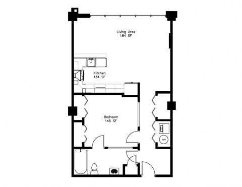 Floor plan for 1 bed, 1 bath, 796 sqft