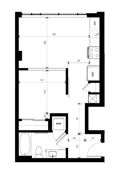 Floor plan for 1 bed, 1 bath, 530 sqft