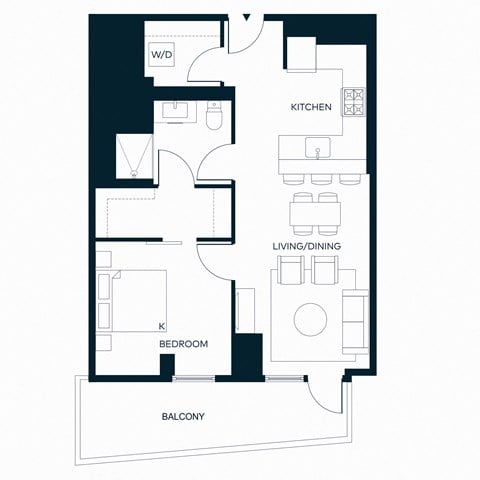 Floor plan for 1 bed, 1 bath, 711 sqft