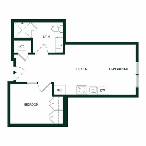 Floor plan for 1 bed, 1 bath, 550 sqft