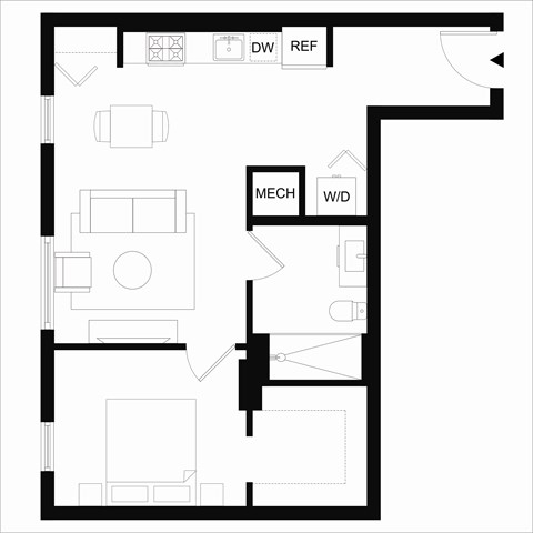 Floor plan for 1 bed, 1 bath, 716 sqft