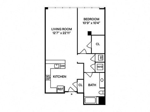 Floor plan for 1 bed, 1 bath, 923 sqft