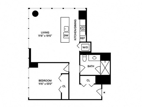 Floor plan for 1 bed, 1 bath, 835 sqft