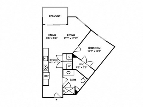 Floor plan for 1 bed, 1 bath, 581 sqft