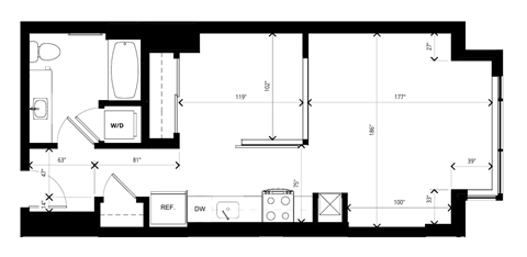 Floor plan for 1 bed, 1 bath, 598 sqft