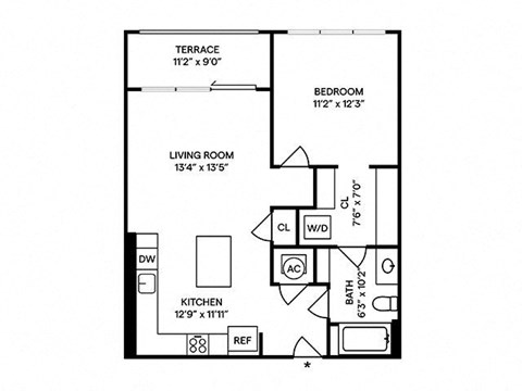 Floor plan for 1 bed, 1 bath, 749 sqft