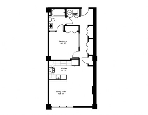Floor plan for 1 bed, 1 bath, 830 sqft
