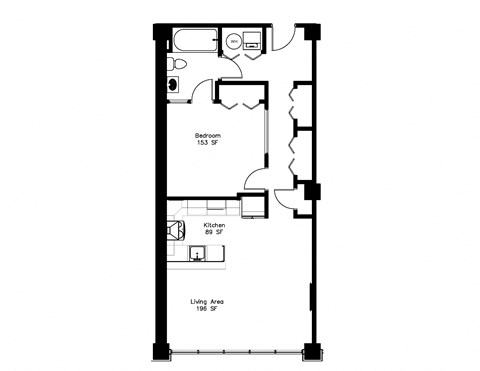 Floor plan for 1 bed, 1 bath, 832 sqft