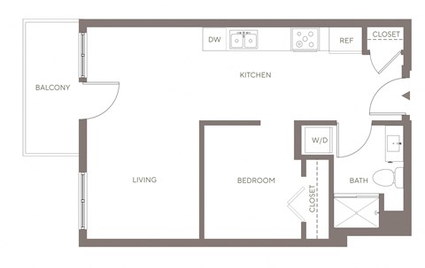 Floor plan for 1 bed, 1 bath, 553 sqft