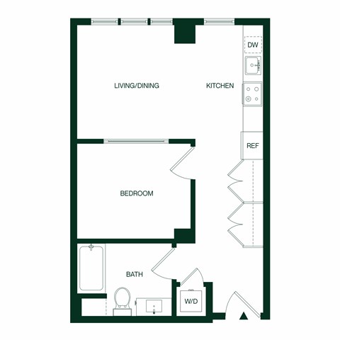 Floor plan for 1 bed, 1 bath, 567 sqft