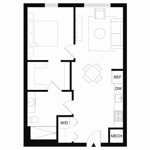 Floor plan for 1 bed, 1 bath, 726 sqft