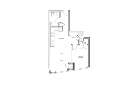 Floor plan for 1 bed, 1 bath, 770 sqft
