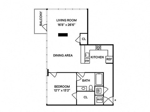 Floor plan for 1 bed, 1 bath, 1016 sqft