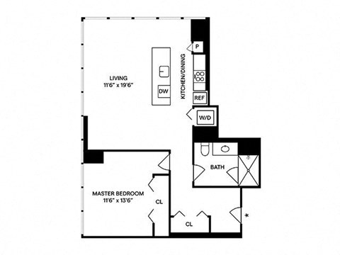 Floor plan for 1 bed, 1 bath, 855 sqft