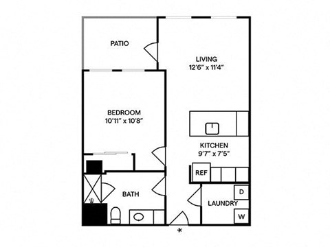 Floor plan for 1 bed, 1 bath