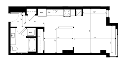 Floor plan for 1 bed, 1 bath, 613 sqft