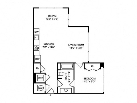 Floor plan for 1 bed, 1 bath, 756 sqft