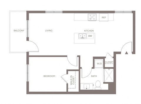 Floor plan for 1 bed, 1 bath, 608 sqft