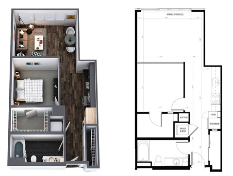 Floor plan for 1 bed, 1 bath, 676 sqft