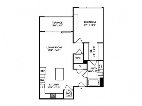 Floor plan for 1 bed, 1 bath, 766 sqft